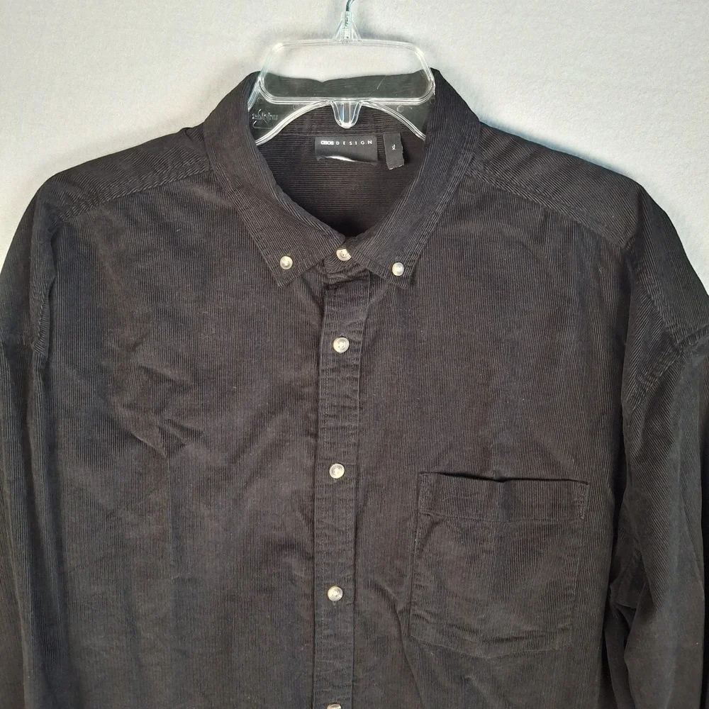 ASOS DESIGN Mens Black Corduroy Shirt Size XL Long Sleeve Button‎ Down Pocket